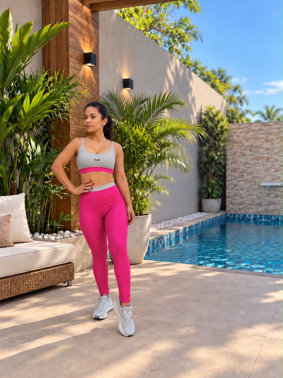 Conjunto Fitness Feminino Canelado Poliamida Sem Transparência Legging Cintura Alta